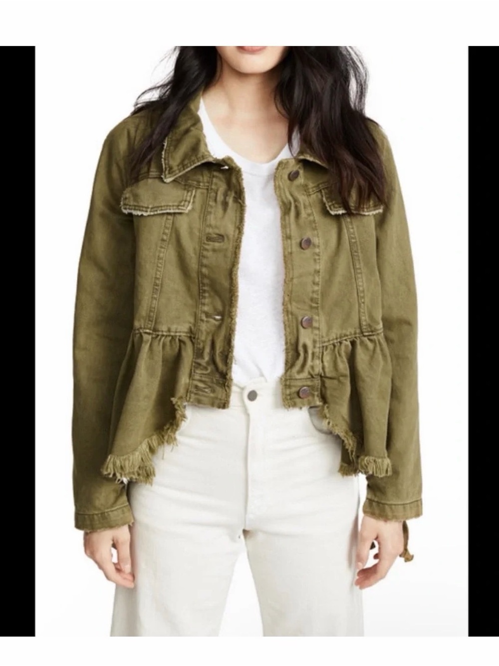 Free People Olive Green Frayed Peplum Jacket